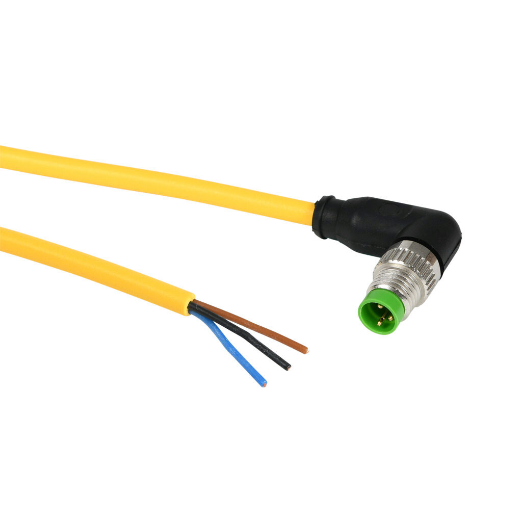 7000-08021-0300200 - Murrelektronik connection cable, M8 right-angle male to pigtail, 3-pole, PUR jacket, yellow, 6.5ft/2m cable length, IP65 IP66K IP67, sensor & signal.