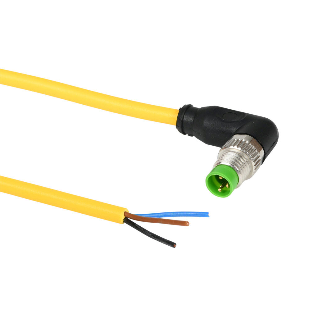 7000-08021-0300500 - Murrelektronik connection cable, M8 right-angle male to pigtail, 3-pole, PUR jacket, yellow, 16.4ft/5m cable length, IP65 IP66K IP67, sensor & signal.