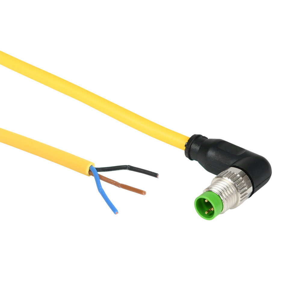 7000-08021-0301000 - Murrelektronik connection cable, M8 right-angle male to pigtail, 3-pole, PUR jacket, yellow, 32.8ft/10m cable length, IP65 IP66K IP67, sensor & signal.