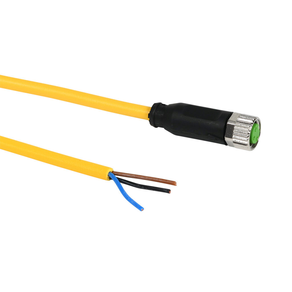 7000-08041-0300200 - Murrelektronik connection cable, M8 axial female to pigtail, 3-pole, PUR jacket, yellow, 6.5ft/2m cable length, IP65 IP66K IP67, sensor & signal.