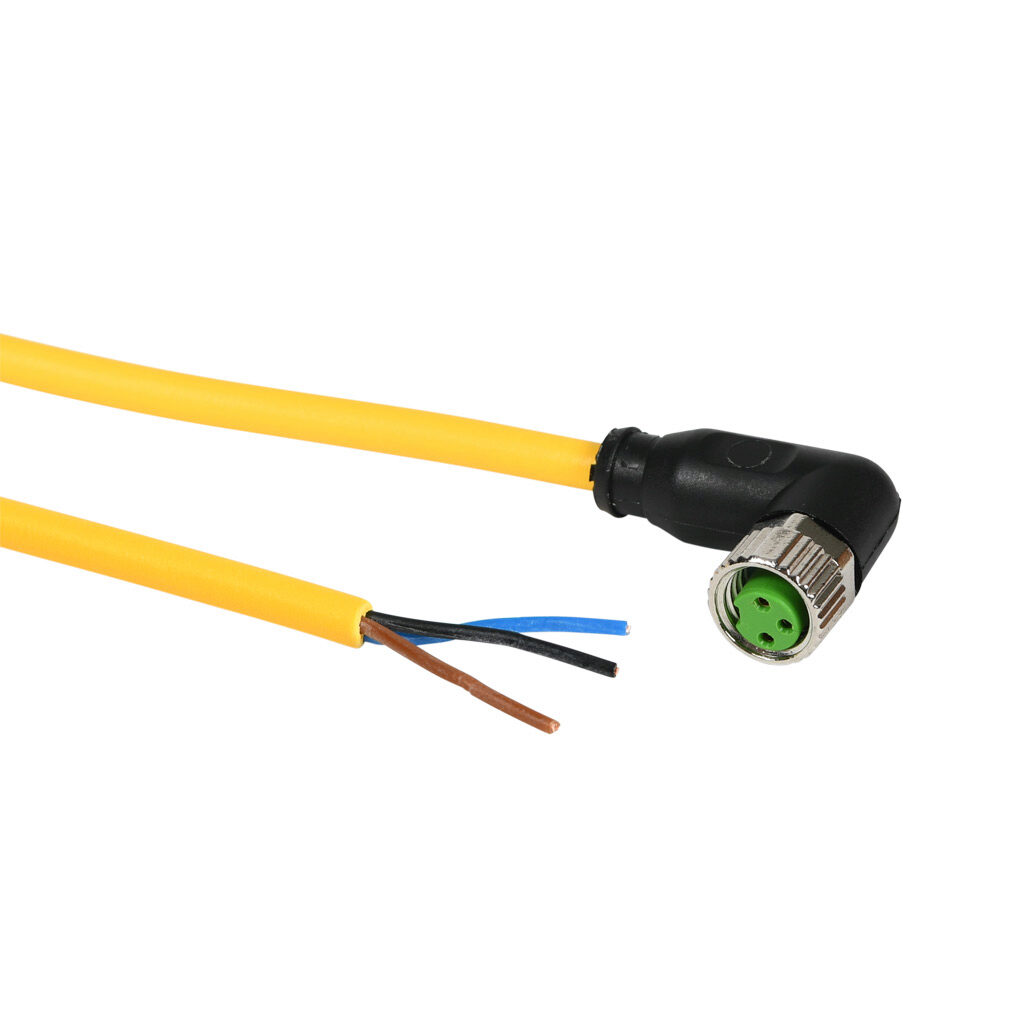 7000-08081-0300200 - Murrelektronik connection cable, M8 right-angle female to pigtail, 3-pole, PUR jacket, yellow, 6.5ft/2m cable length, IP65 IP66K IP67, sensor & signal.