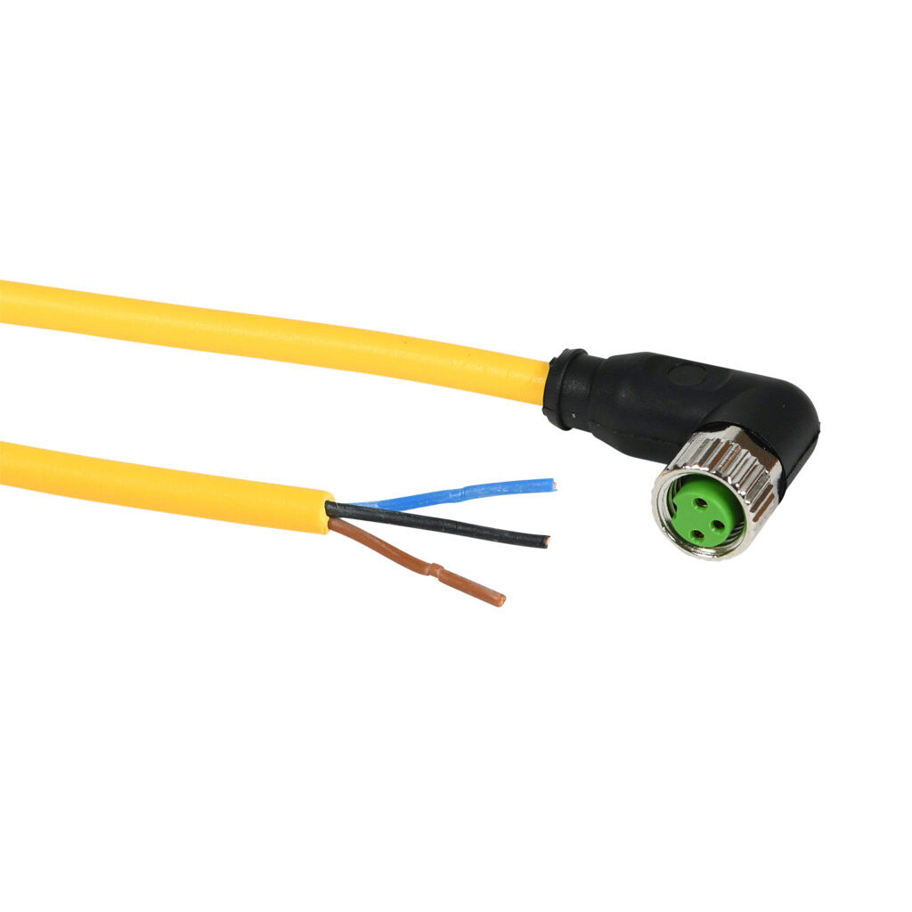 7000-08081-0300700 - Murrelektronik connection cable, M8 right-angle female to pigtail, 3-pole, PUR jacket, yellow, 22.9ft/7m cable length, IP65 IP66K IP67, sensor & signal.