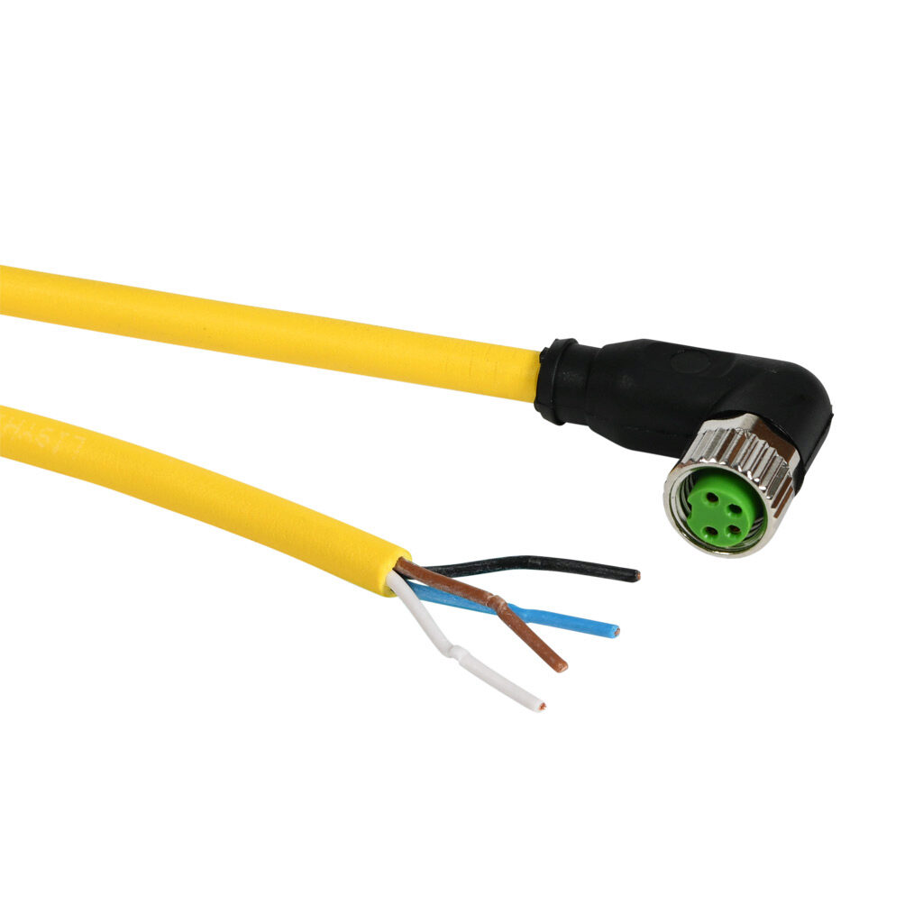 7000-08101-0310200 - Murrelektronik connection cable, M8 right-angle female to pigtail, 4-pole, PUR jacket, yellow, 6.5ft/2m cable length, IP65 IP66K IP67, sensor & signal.
