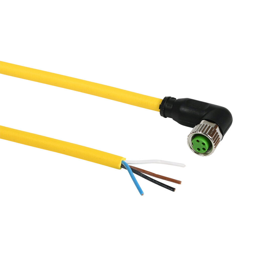 7000-08101-0310500 - Murrelektronik connection cable, M8 right-angle female to pigtail, 4-pole, PUR jacket, yellow, 16.4ft/5m cable length, IP65 IP66K IP67, sensor & signal.