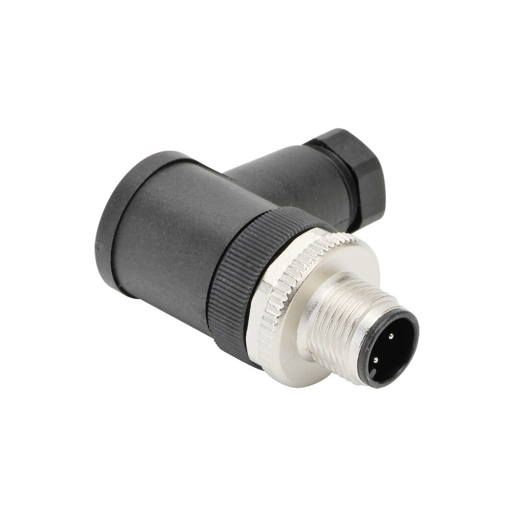 7000-12821-0000000 - Murrelektronik connector, field-wireable, M12 barrel 4-pin male right-angle connection, accepts cable diameter size 4-6mm, 18 AWG, screw terminal connection, IP67.