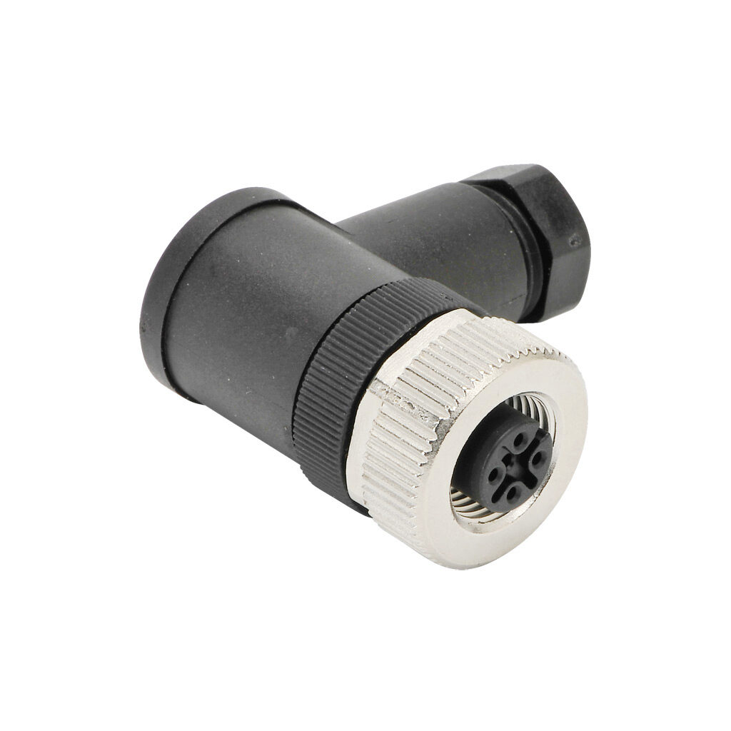 7000-12981-0000000 - Murrelektronik connector, field-wireable, M12 nut 4-pin female right-angle connection, accepts cable diameter size 4-6mm, 18 AWG, screw terminal connection, IP67.