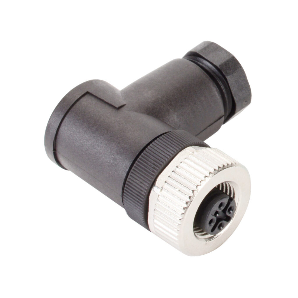 7000-13041-0000000 - Murrelektronik connector, field-wireable, M12 nut 5-pin female right-angle connection, accepts cable diameter size 6-8mm, 18 AWG, screw terminal connection, IP67.
