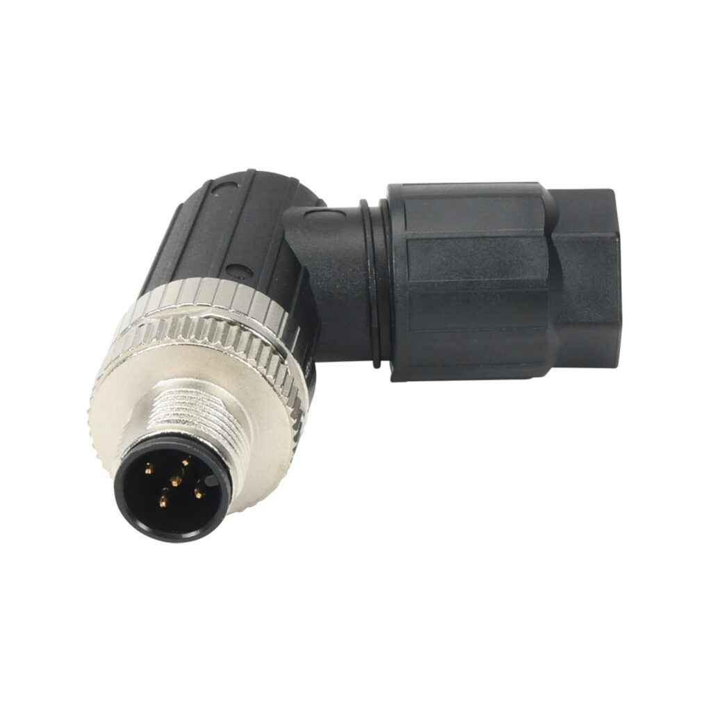7000-13911-0000000 - Murrelektronik connector, field-wireable, 5-pin M12 90-degree male A-coded, accepts cable diameter size 4-8mm, 26-18 AWG, push-lock spring clamp connection, IP65 IP67.