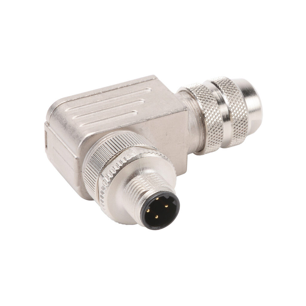 7000-14581-0000000 - Murrelektronik connector, field-wireable, M12 D-coded 4-pole male 90-degree, accepts cable diameter size 6-8mm, 18 AWG max, screw terminal connection, IP67.