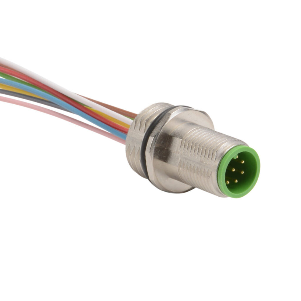 7000-17162-9730050 - Murrelektronik bulkhead connector, M12 8-wire male to pigtail, 24 AWG, 1.6ft/0.5m cable length, nylon 12 conductor insulation material, IP67.