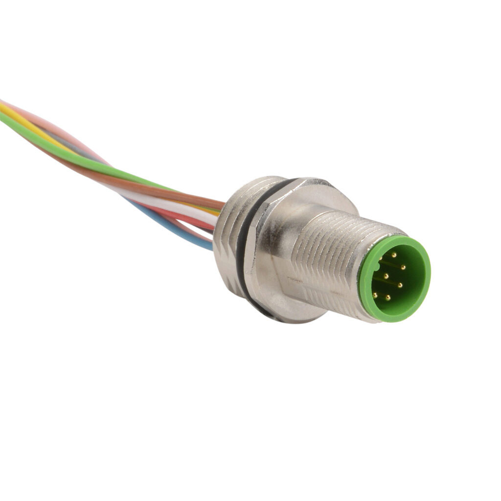 7000-17162-9730100 - Murrelektronik bulkhead connector, M12 8-wire male to pigtail, 24 AWG, 3.2ft/1m cable length, nylon 12 conductor insulation material, IP67.
