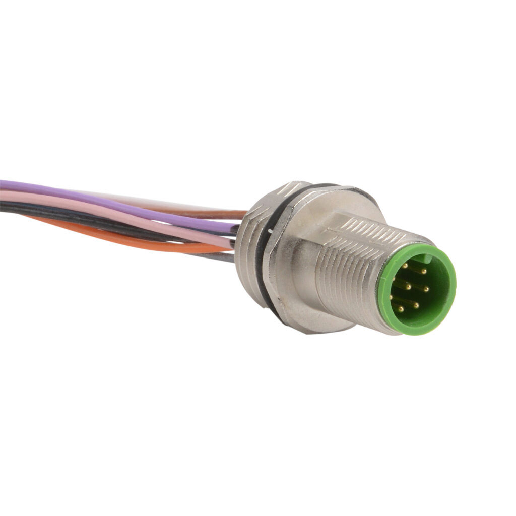 7000-17162-9820100 - Murrelektronik bulkhead connector, M12 8-wire male to pigtail, 24 AWG, 3.2ft/1m cable length, nylon 12 conductor insulation material, IP67.