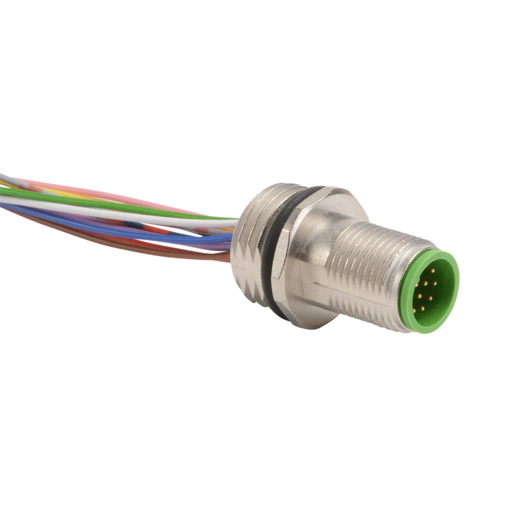 7000-19162-9790050 - Murrelektronik bulkhead connector, M12 male 12-wire to pigtail, 26 AWG, 1.6ft/0.5m cable length, nylon 12 conductor insulation material, IP67.