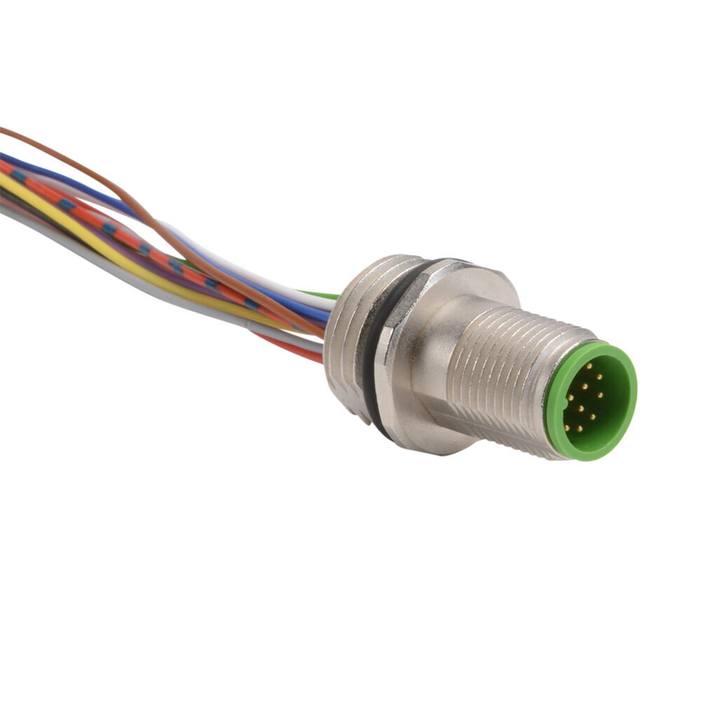 7000-19162-9790100 - Murrelektronik bulkhead connector, M12 male 12-wire to pigtail, 26 AWG, 3.2ft/1m cable length, nylon 12 conductor insulation material, IP67.