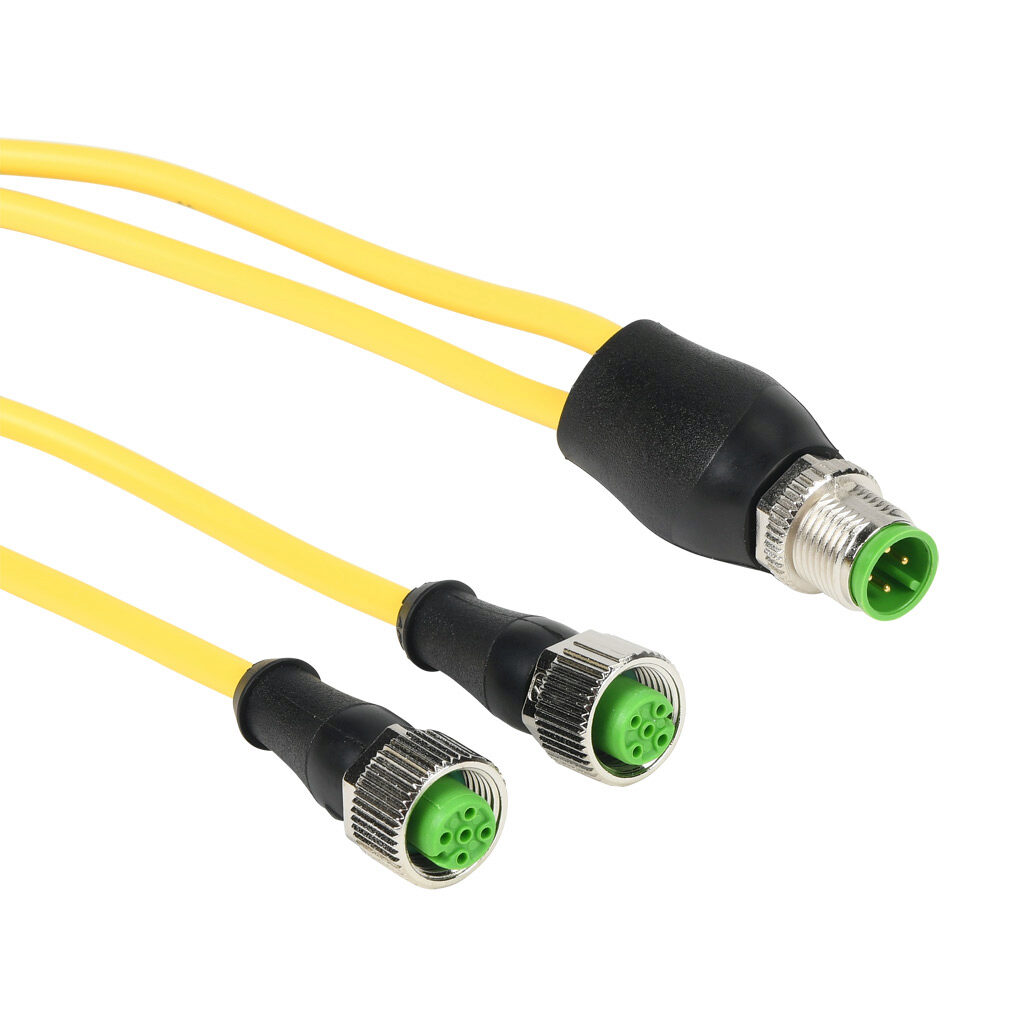 7000-40701-0130030 - Murrelektronik Y-coupler, 4-pin M12 axial male to (2) 5-pin M12 axial female, N.O. distribution.