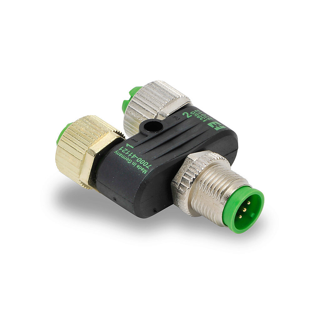7000-41121-0000000 - Murrelektronik T-coupler, 5-pole male M12 barrel to (2) 4-pole female M12 nuts, N.O. distribution.