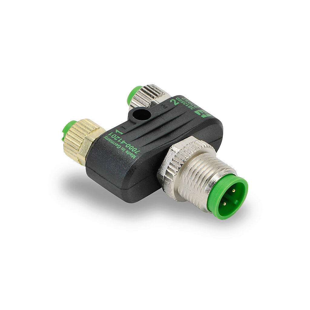 7000-41201-0000000 - Murrelektronik T-coupler, 4-pole male M12 barrel to (2) 3-pole female M8 nuts, N.O. distribution.