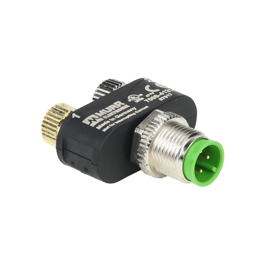 7000-41211-0000000 - Murrelektronik T-coupler, 4-pin M12 male to (2) 3-pin M8 female, N.O. distribution.