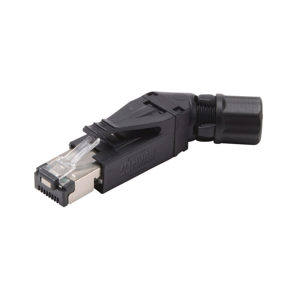 7000-74021-0000000 - Murrelektronik Cat5e Ethernet connector, field-wireable, RJ45 4-pole Ethernet male 45-degree, accepts cable diameter size 4.5-8mm, 26-22 AWG, insulation displacement (IDC) connection, IP20.