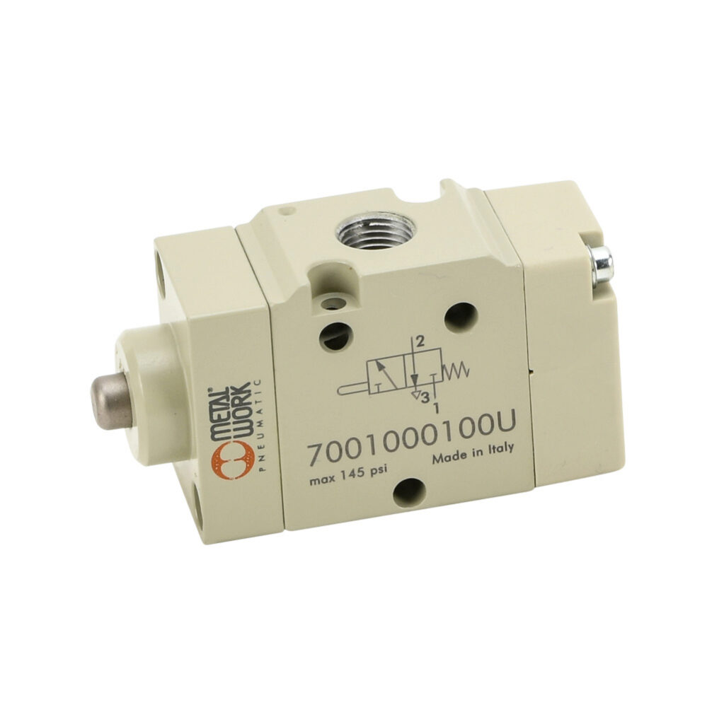 7001000100U - Metal Work Series 70 pneumatic mechanically operated directional control valve, 3-port (3-way), 2-position, N.C., metal plunger, spring return, 1/8in female NPT inlet(s), 1/8in female NPT outlet(s), 1/8in female NPT exhaust(s), Cv=0.55.