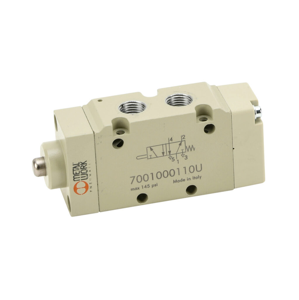 7001000110U - Metal Work Series 70 pneumatic mechanically operated directional control valve, 5-port (4-way), 2-position, metal plunger, spring return, 1/8in female NPT inlet(s), 1/8in female NPT outlet(s), 1/8in female NPT exhaust(s), Cv=0.55.