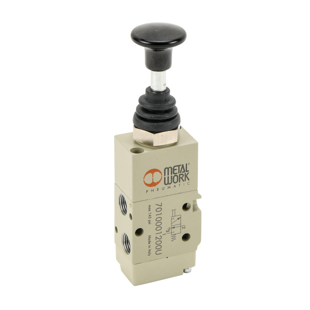7010001200U - Metal Work Series 70 pneumatic manual valve, 3-port (3-way), 2-position, N.C., push-pull knob, spring return, 1/8in female NPT inlet(s), 1/8in female NPT outlet(s), 1/8in female NPT exhaust(s), Cv=0.55.