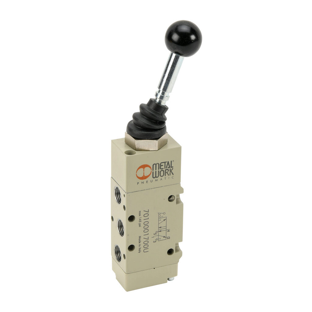 7010001700U - Metal Work Series 70 pneumatic manual valve, 5-port (4-way), 2-position, axial hand lever, detented, 1/8in female NPT inlet(s), 1/8in female NPT outlet(s), 1/8in female NPT exhaust(s), Cv=0.55.