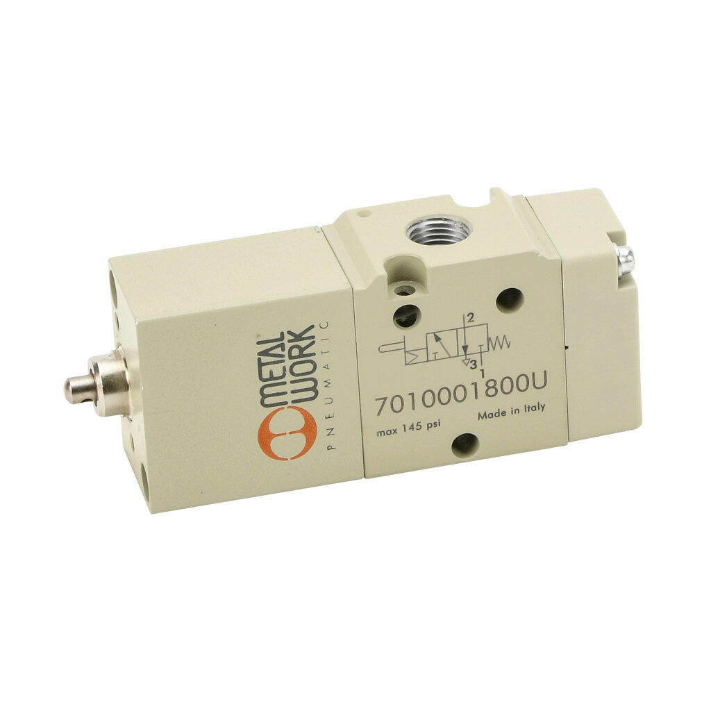 7010001800U - Metal Work Series 70 pneumatic mechanically operated directional control valve, 3-port (3-way), 2-position, N.C., pneumatic switch, spring return, 1/8in female NPT inlet(s), 1/8in female NPT outlet(s), 1/8in female NPT exhaust(s), Cv...