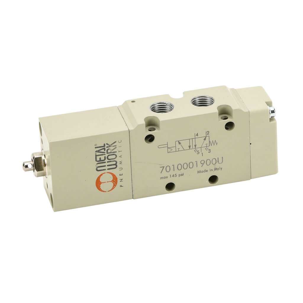 7010001900U - Metal Work Series 70 pneumatic mechanically operated directional control valve, 5-port (4-way), 2-position, pneumatic switch, spring return, 1/8in female NPT inlet(s), 1/8in female NPT outlet(s), 1/8in female NPT exhaust(s), Cv=0.55.