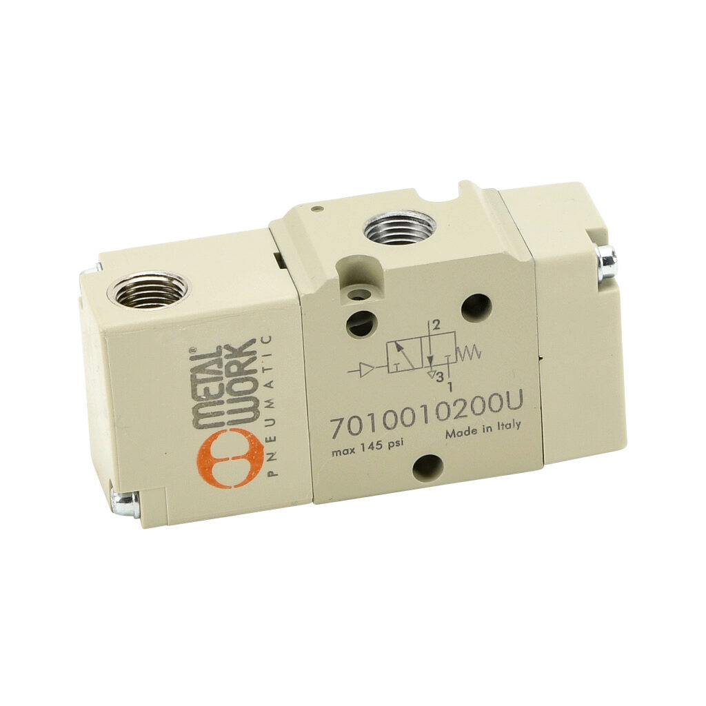 7010010200U - Metal Work pilot valve, 3-port (3-way), 2-position, N.C., single air pilot spring return, 1/8in female NPT inlet(s), 1/8in female NPT outlet(s), 1/8in female NPT exhaust(s), 1/8in female NPT pilot(s), Cv=0.55.
