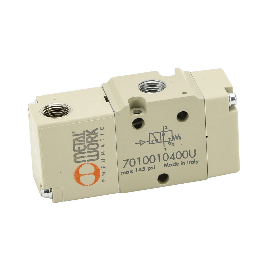 7010010400U - Metal Work pilot valve, 3-port (3-way), 2-position, N.O., single air pilot spring return, 1/8in female NPT inlet(s), 1/8in female NPT outlet(s), 1/8in female NPT exhaust(s), 1/8in female NPT pilot(s), Cv=0.55.