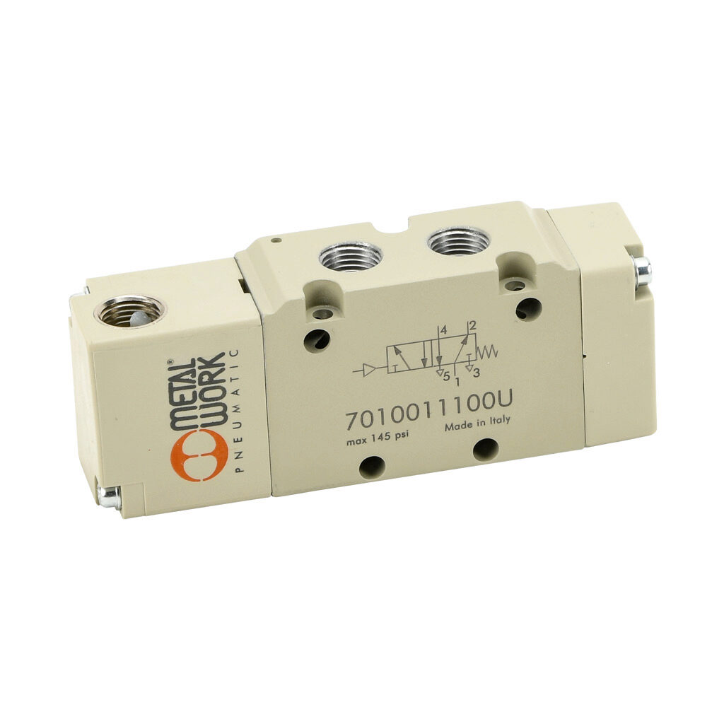 7010011100U - Metal Work pilot valve, 5-port (4-way), 2-position, single air pilot spring return, 1/8in female NPT inlet(s), 1/8in female NPT outlet(s), 1/8in female NPT exhaust(s), 1/8in female NPT pilot(s), Cv=0.55.