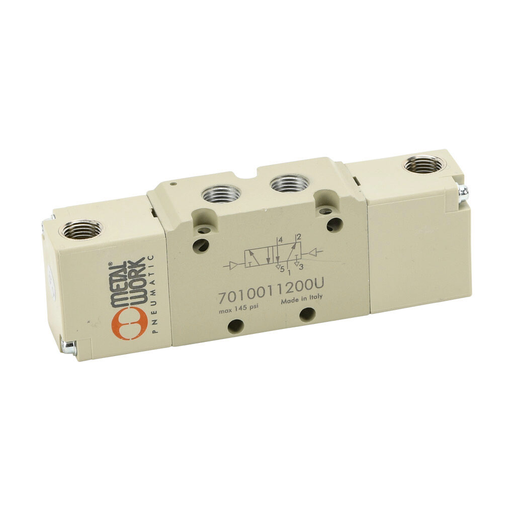 7010011200U - Metal Work pilot valve, 5-port (4-way), 2-position, double air pilot, 1/8in female NPT inlet(s), 1/8in female NPT outlet(s), 1/8in female NPT exhaust(s), 1/8in female NPT pilot(s), Cv=0.55.