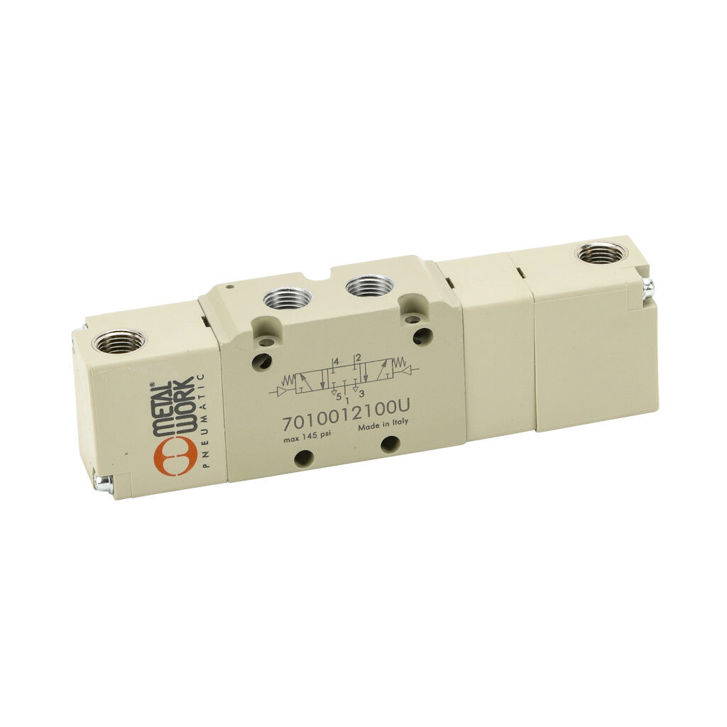 7010012100U - Metal Work pilot valve, 5-port (4-way), 3-position, center closed, double air pilot, 1/8in female NPT inlet(s), 1/8in female NPT outlet(s), 1/8in female NPT exhaust(s), 1/8in female NPT pilot(s), Cv=0.55.