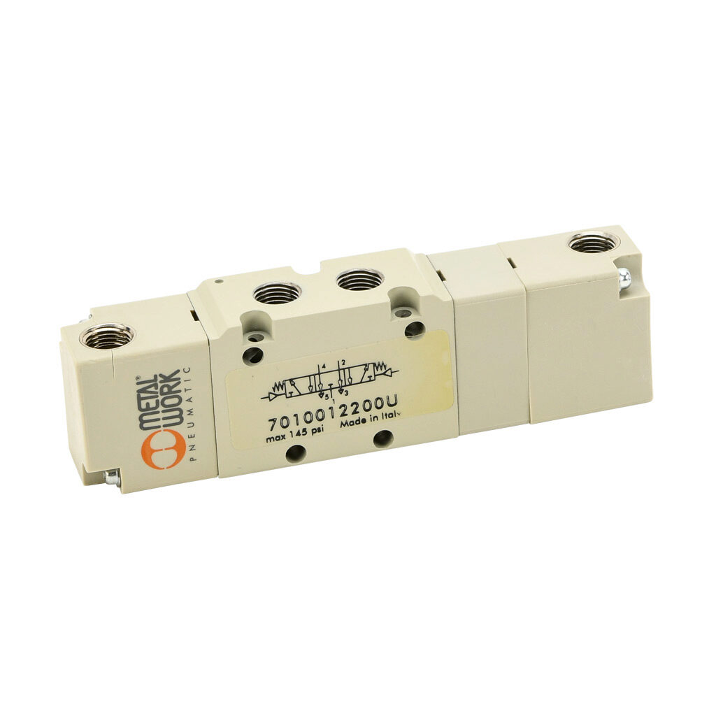7010012200U - Metal Work pilot valve, 5-port (4-way), 3-position, center exhaust, double air pilot, 1/8in female NPT inlet(s), 1/8in female NPT outlet(s), 1/8in female NPT exhaust(s), 1/8in female NPT pilot(s), Cv=0.55.