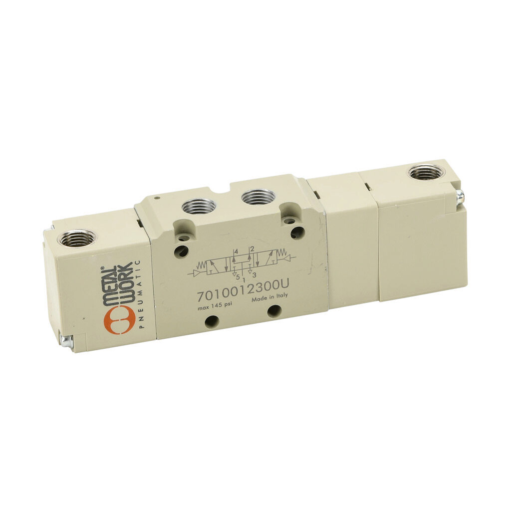 7010012300U - Metal Work pilot valve, 5-port (4-way), 3-position, center pressure, double air pilot, 1/8in female NPT inlet(s), 1/8in female NPT outlet(s), 1/8in female NPT exhaust(s), 1/8in female NPT pilot(s), Cv=0.55.