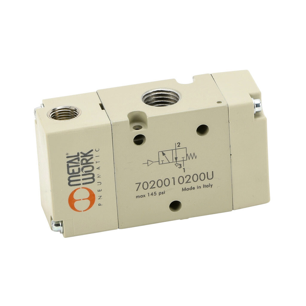 7020010200U - Metal Work pilot valve, 3-port (3-way), 2-position, N.C., single air pilot spring return, 1/4in female NPT inlet(s), 1/4in female NPT outlet(s), 1/4in female NPT exhaust(s), 1/8in female NPT pilot(s), Cv=1.1.