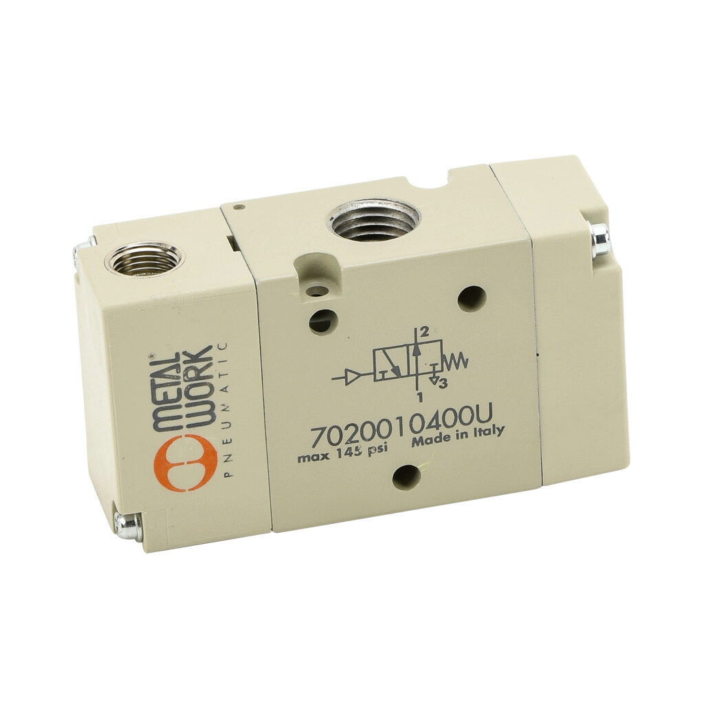 7020010400U - Metal Work pilot valve, 3-port (3-way), 2-position, N.O., single air pilot spring return, 1/4in female NPT inlet(s), 1/4in female NPT outlet(s), 1/4in female NPT exhaust(s), 1/8in female NPT pilot(s), Cv=1.1.