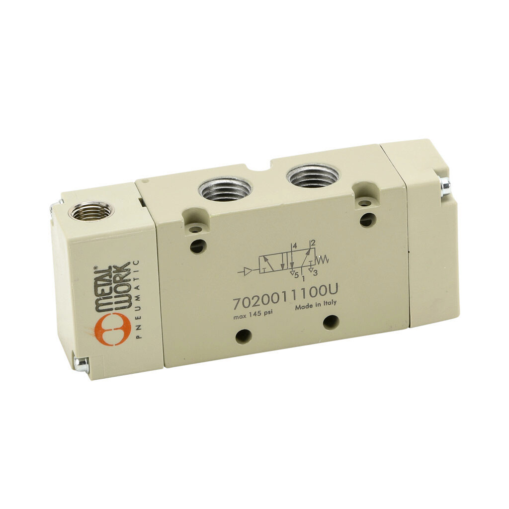 7020011100U - Metal Work pilot valve, 5-port (4-way), 2-position, single air pilot spring return, 1/4in female NPT inlet(s), 1/4in female NPT outlet(s), 1/4in female NPT exhaust(s), 1/8in female NPT pilot(s), Cv=1.1.