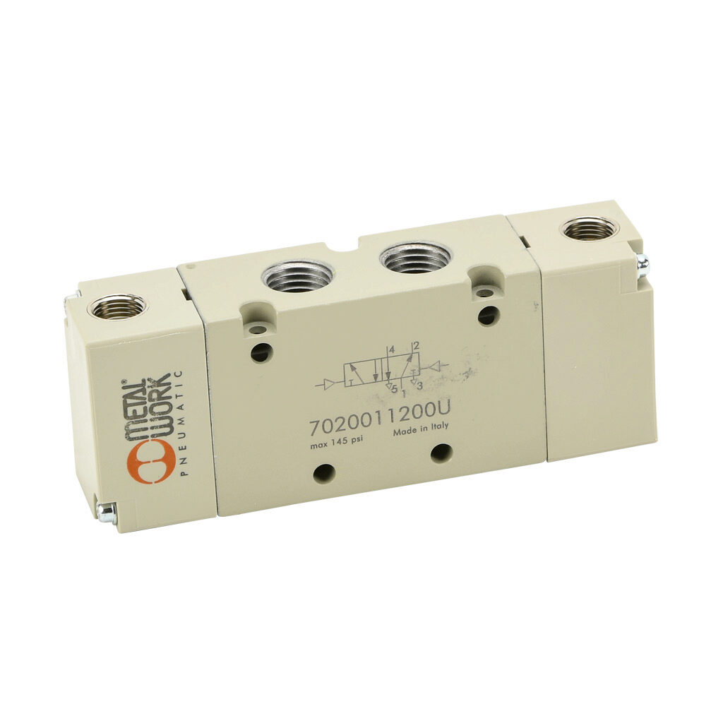 7020011200U - Metal Work pilot valve, 5-port (4-way), 2-position, double air pilot, 1/4in female NPT inlet(s), 1/4in female NPT outlet(s), 1/4in female NPT exhaust(s), 1/8in female NPT pilot(s), Cv=1.1.
