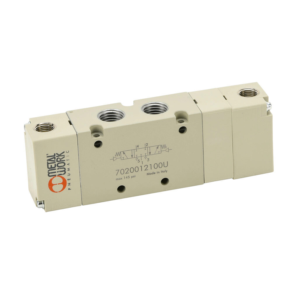 7020012100U - Metal Work pilot valve, 5-port (4-way), 3-position, center closed, double air pilot, 1/4in female NPT inlet(s), 1/4in female NPT outlet(s), 1/4in female NPT exhaust(s), 1/8in female NPT pilot(s), Cv=1.1.