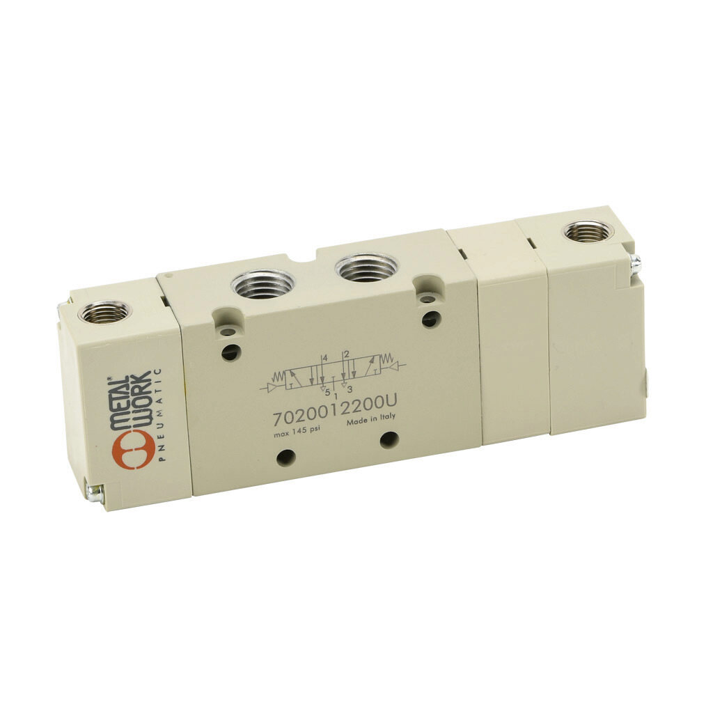 7020012200U - Metal Work pilot valve, 5-port (4-way), 3-position, center exhaust, double air pilot, 1/4in female NPT inlet(s), 1/4in female NPT outlet(s), 1/4in female NPT exhaust(s), 1/8in female NPT pilot(s), Cv=1.1.