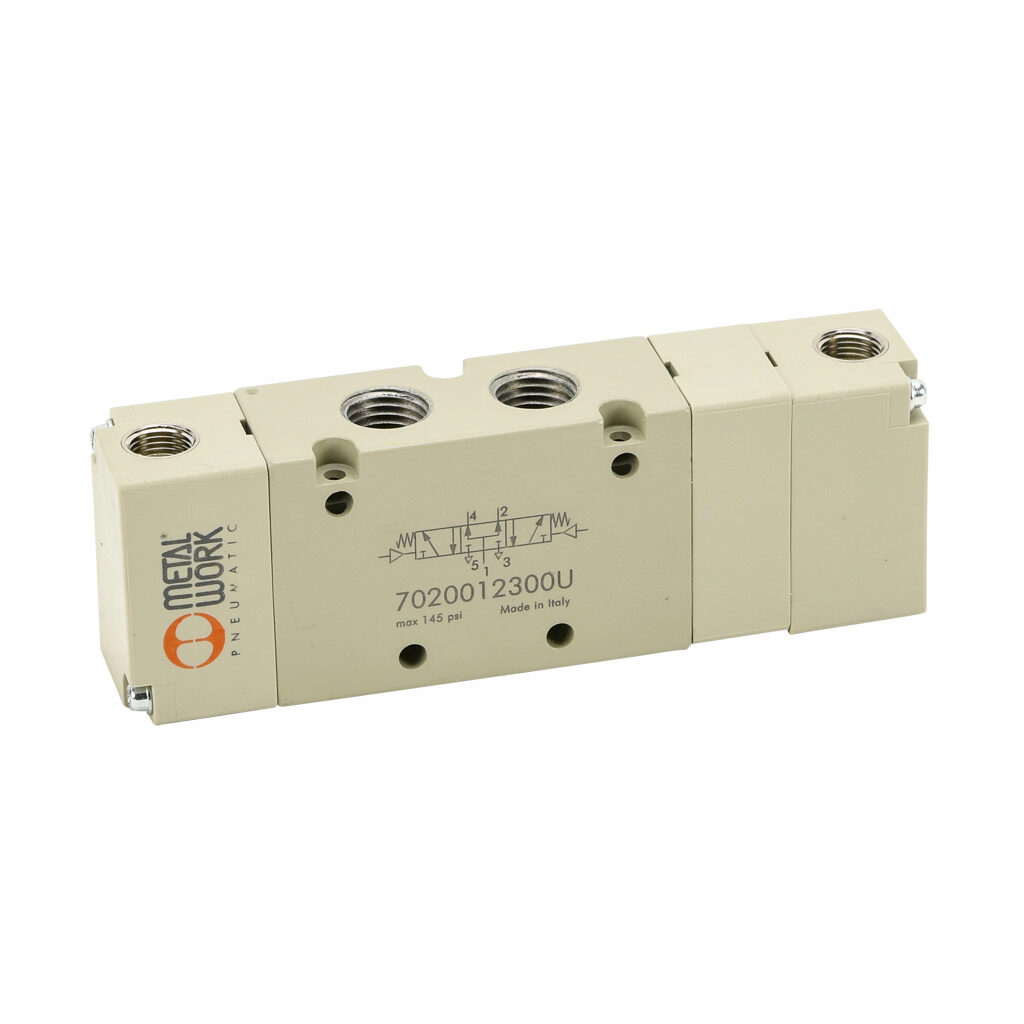 7020012300U - Metal Work pilot valve, 5-port (4-way), 3-position, center pressure, double air pilot, 1/4in female NPT inlet(s), 1/4in female NPT outlet(s), 1/4in female NPT exhaust(s), 1/8in female NPT pilot(s), Cv=1.1.