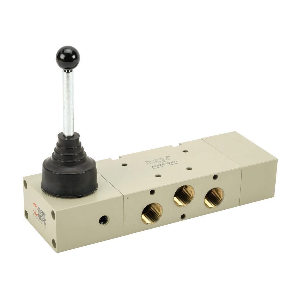 7030001000U - Metal Work Series 70 pneumatic manual valve, 5-port (4-way), 3-position, center closed, 90 deg hand lever, spring return, 1/2in female NPT inlet(s), 1/2in female NPT outlet(s), 1/2in female NPT exhaust(s), Cv=4.6.