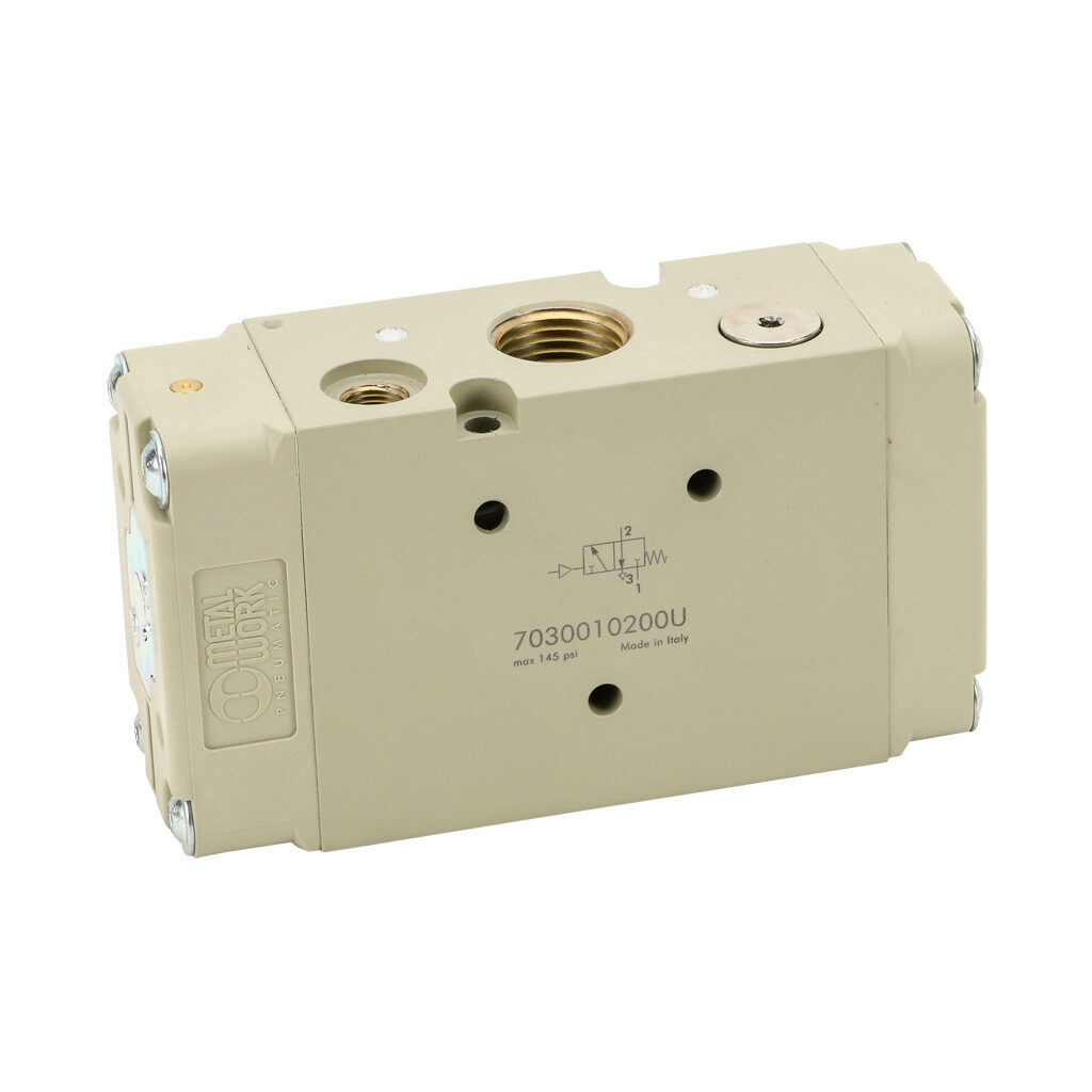 7030010200U - Metal Work pilot valve, 3-port (3-way), 2-position, N.C., single air pilot spring return, 1/2in female NPT inlet(s), 1/2in female NPT outlet(s), 1/2in female NPT exhaust(s), 1/8in female NPT pilot(s), Cv=4.6.