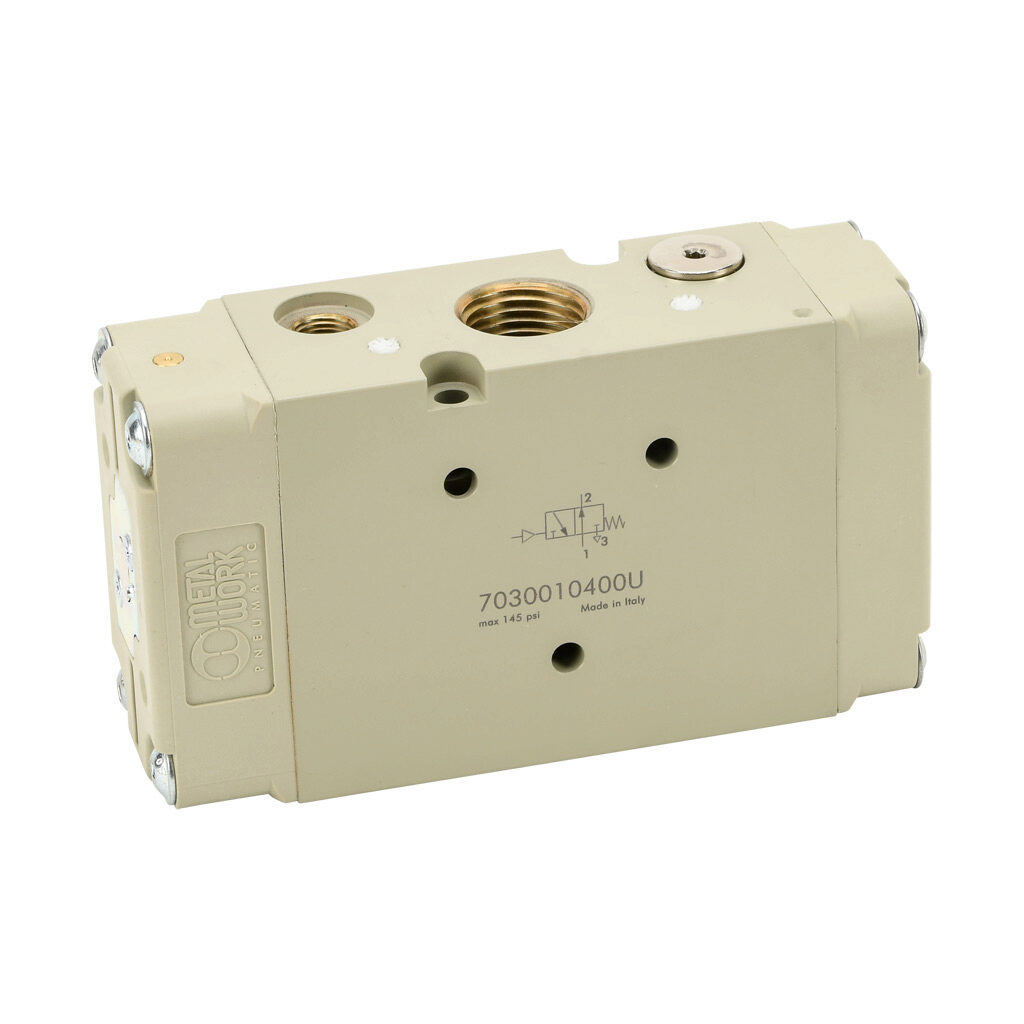 7030010400U - Metal Work pilot valve, 3-port (3-way), 2-position, N.O., single air pilot spring return, 1/2in female NPT inlet(s), 1/2in female NPT outlet(s), 1/2in female NPT exhaust(s), 1/8in female NPT pilot(s), Cv=4.6.
