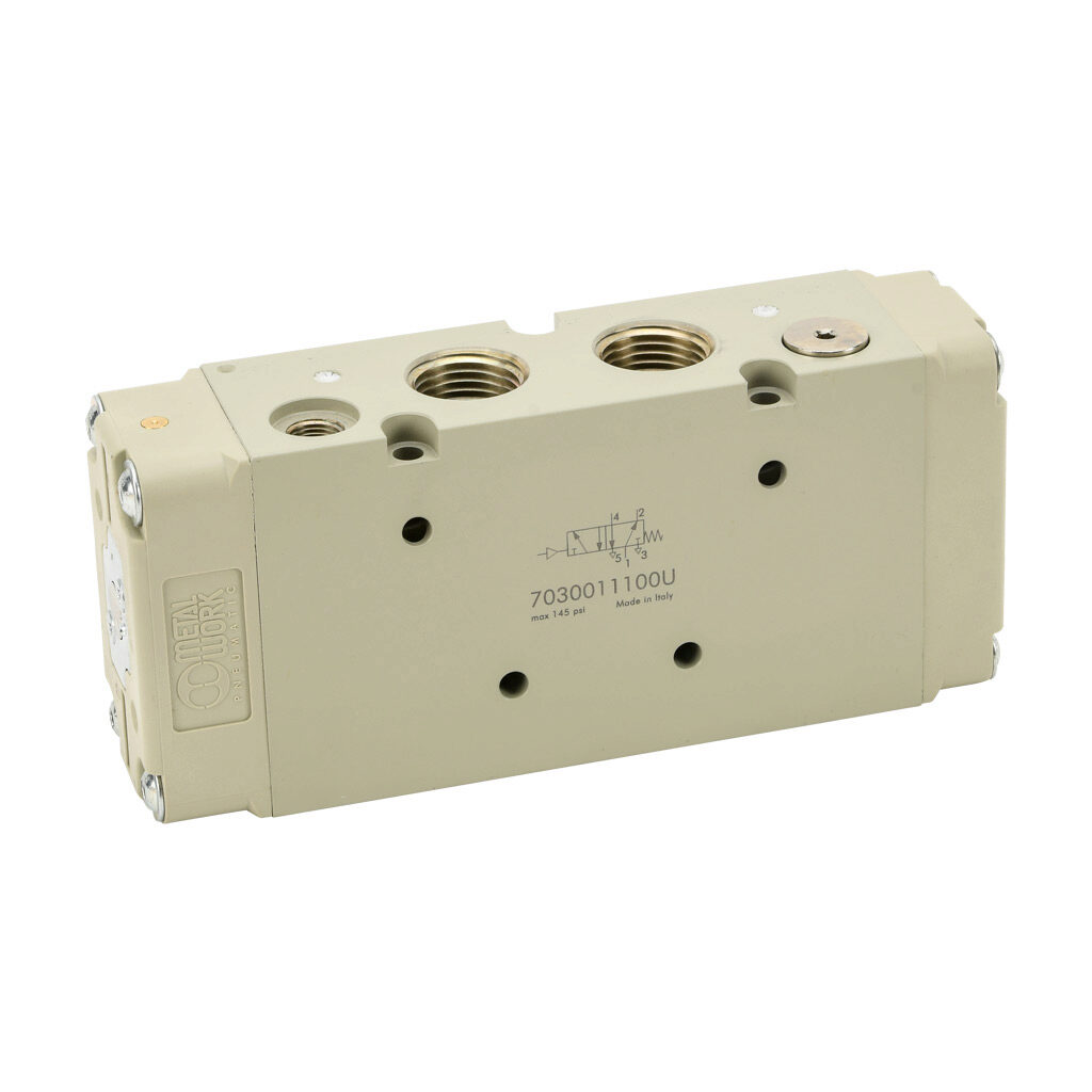 7030011100U - Metal Work pilot valve, 5-port (4-way), 2-position, single air pilot spring return, 1/2in female NPT inlet(s), 1/2in female NPT outlet(s), 1/2in female NPT exhaust(s), 1/8in female NPT pilot(s), Cv=4.6.