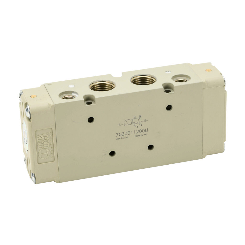 7030011200U - Metal Work pilot valve, 5-port (4-way), 2-position, double air pilot, 1/2in female NPT inlet(s), 1/2in female NPT outlet(s), 1/2in female NPT exhaust(s), 1/8in female NPT pilot(s), Cv=4.6.