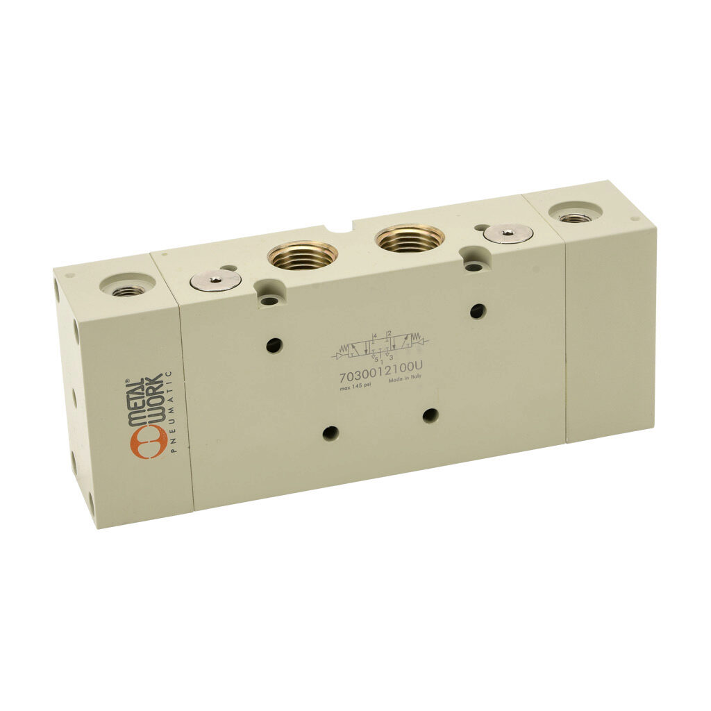 7030012100U - Metal Work pilot valve, 5-port (4-way), 3-position, center closed, double air pilot, 1/2in female NPT inlet(s), 1/2in female NPT outlet(s), 1/2in female NPT exhaust(s), 1/8in female NPT pilot(s), Cv=4.6.