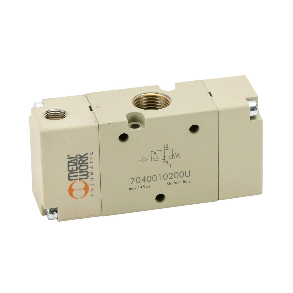 7040010200U - Metal Work pilot valve, 3-port (3-way), 2-position, N.C., single air pilot spring return, 3/8in female NPT inlet(s), 3/8in female NPT outlet(s), 3/8in female NPT exhaust(s), 1/8in female NPT pilot(s), Cv=2.1.
